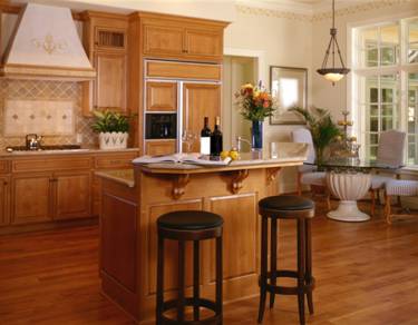 Architectural Portfolio Design on Elegant Kitchen With Wood Floor Black Leather Stools Wood Countertop